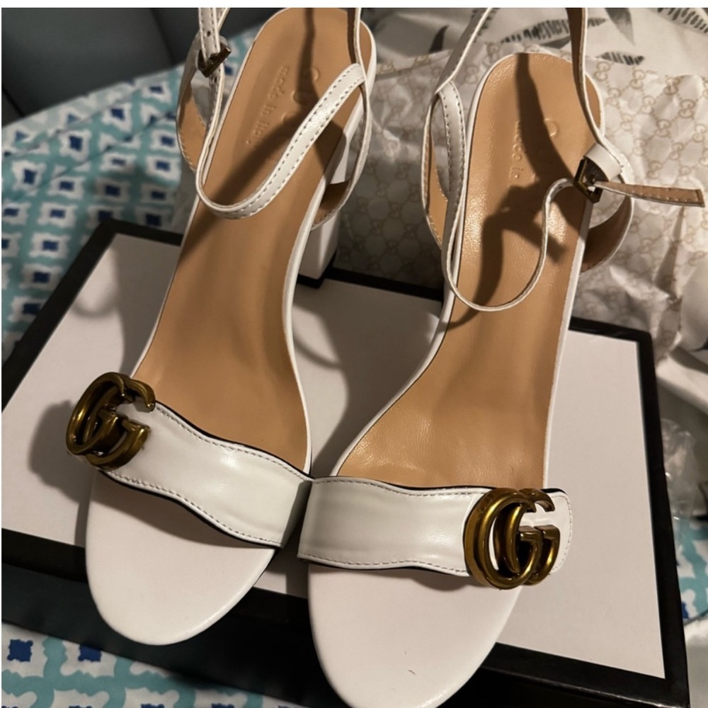 Gucci Marmont GG White Heels with Gold Buckle